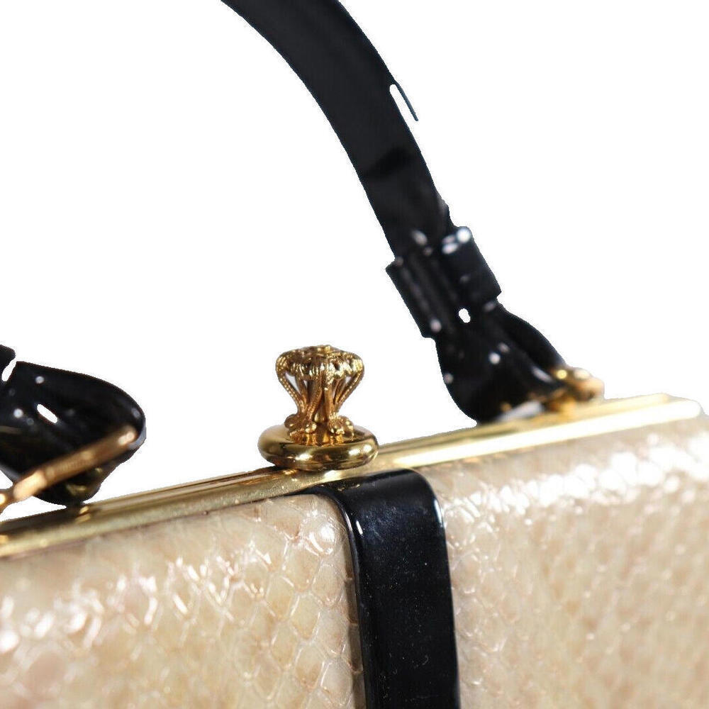 Vintage Women’s Small Cream Black Patent Faux Python Snake Skin Handbag Purse - Picture 7 of 11